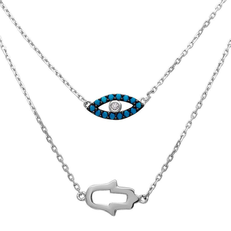 Silver 925 Rhodium Plated Hamsa Hand and Evil Eye Necklace - GMN00015RH | Silver Palace Inc.