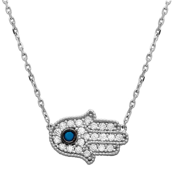 Silver 925 Rhodium Plated CZ Encrusted Hamsa Necklace with Turquoise Stone - GMN00016RH | Silver Palace Inc.