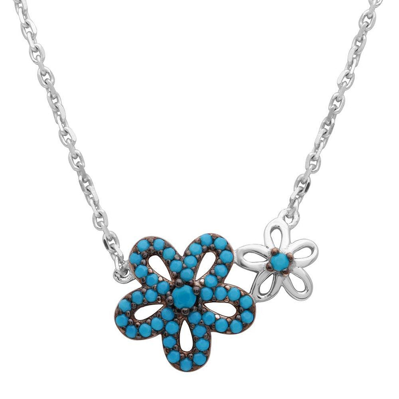Silver 925 Rhodium Plated Double Flower Necklace with Turquoise Stones - GMN00017BLK-T | Silver Palace Inc.