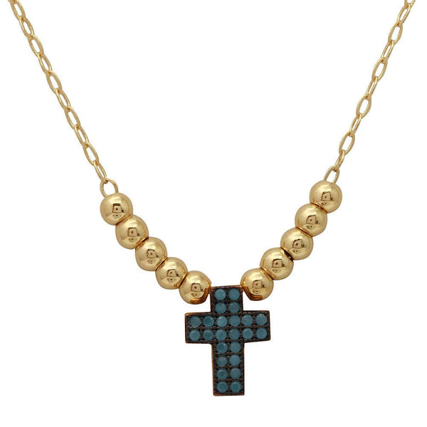 Silver 925 Gold Plated Beaded Necklace with Turquoise Stone Cross - GMN00025GB | Silver Palace Inc.