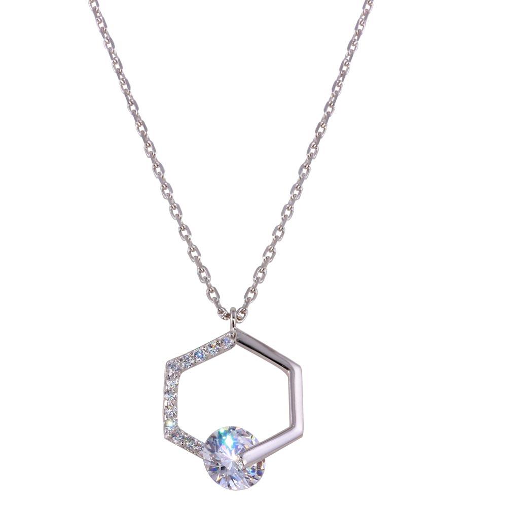 Silver 925 Rhodium Plated Hexagon Pendant Necklace with CZ - GMN00034 | Silver Palace Inc.