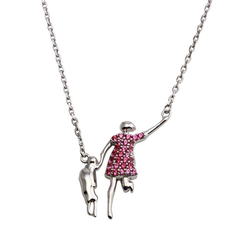 Silver 925 Rhodium Plated Pink CZ Mom And Baby Family Necklace - GMN00049 | Silver Palace Inc.