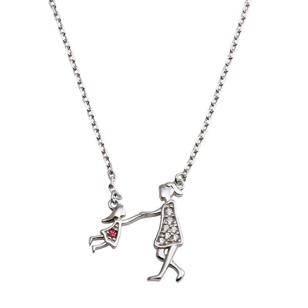 Silver 925 Rhodium Plated Open CZ Playing Mom And Daughter Family Necklace - GMN00050 | Silver Palace Inc.