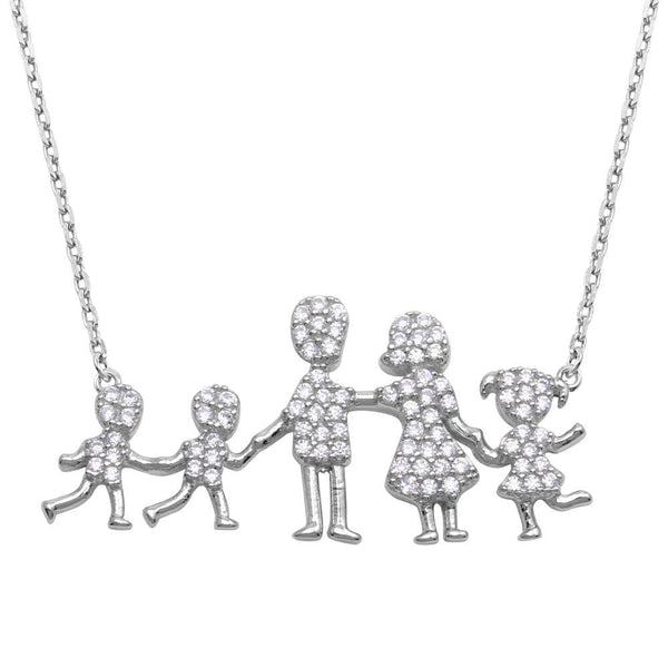 Silver 925 Rhodium Plated Mom, Dad, Daughter and 2 Sons Family Necklace with CZ - GMN00066 | Silver Palace Inc.