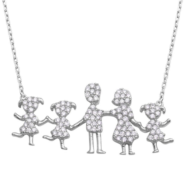 Silver 925 Rhodium PlatedMom, Dad, and 3 Daughters Family Necklace with CZ - GMN00068 | Silver Palace Inc.