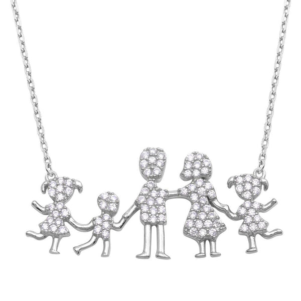 Silver 925 Rhodium Plated Mom, Dad, 2 Daughters, and Son Family Necklace with CZ - GMN00069 | Silver Palace Inc.