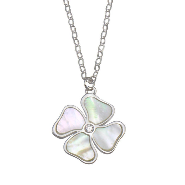 Silver 925 Rhodium Plated Mother of Pearl and CZ Clover Necklace - GMN00085 | Silver Palace Inc.