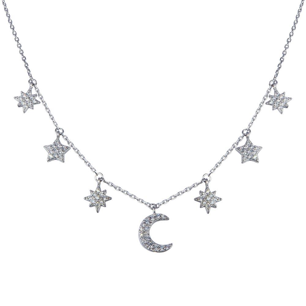 Rhodium Plated 925 Sterling Silver CZ Star and Crescent Moon