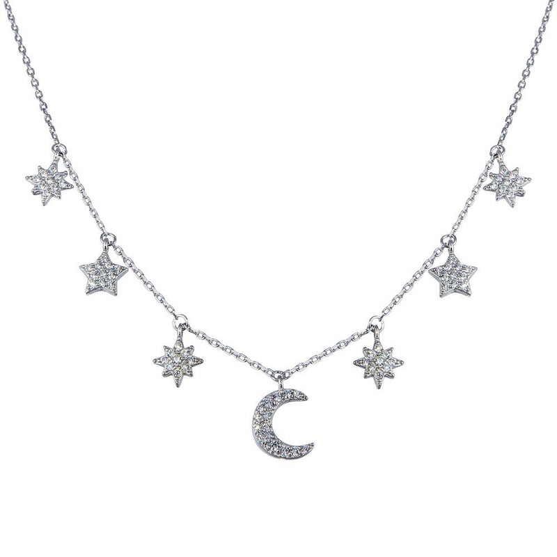 Silver 925 Rhodium Plated CZ  Star and Crescent Moon Necklace - GMN00089 | Silver Palace Inc.