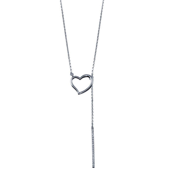 Rhodium Plated 925 Sterling Silver Open Heart Necklace with CZ Drop Bar - GMN00090 | Silver Palace Inc.