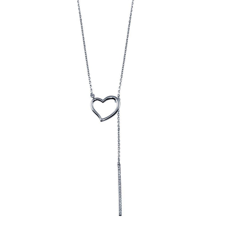 Silver 925 Rhodium Plated Open Heart Necklace with CZ Drop Bar - GMN00090 | Silver Palace Inc.