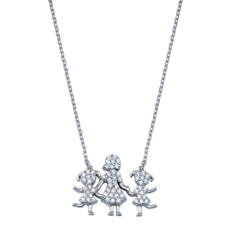 Rhodium Plated 925 Sterling Silver CZ Mother and Daughters Clear CZ Necklace - GMN00109 | Silver Palace Inc.