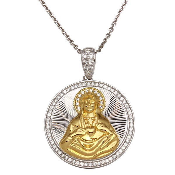 Silver 925 Two-Toned Round Virgin Mary Pendant Necklace with CZ - GMP00014RG | Silver Palace Inc.