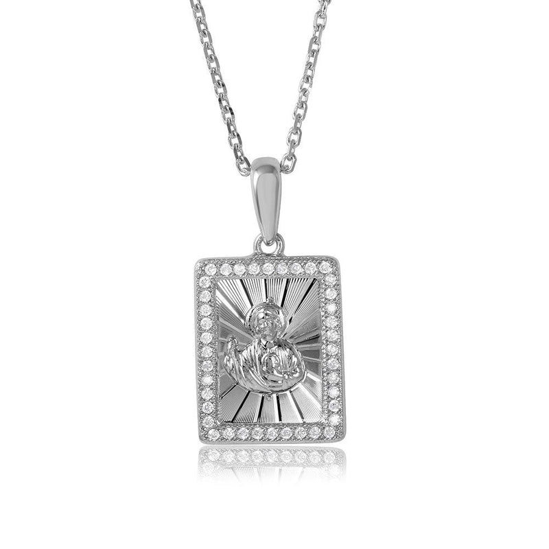 Silver 925 Rhodium Plated Rectangle CZ Jesus Medallion with Chain - GMP00001RH | Silver Palace Inc.