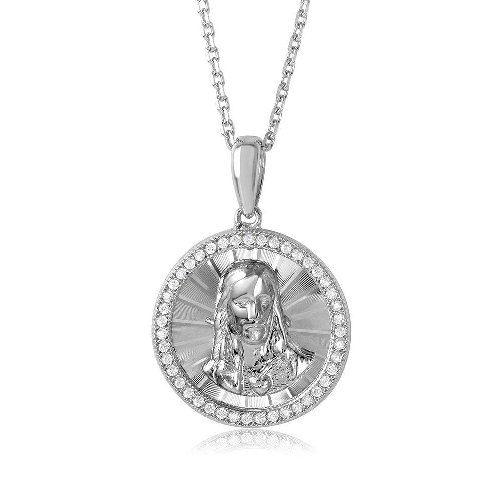 Silver 925 Rhodium Plated Diamond Cut CZ Jesus Medallion with