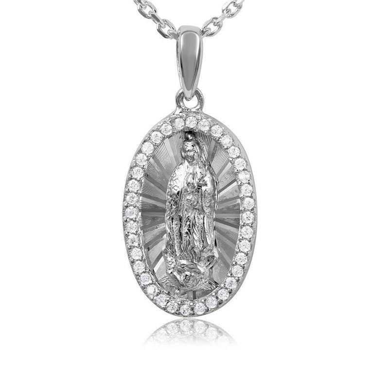 Silver 925 Rhodium Plated Oval CZ Frame Medallion with Chain - GMP00005RH | Silver Palace Inc.