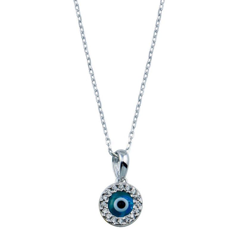 Silver 925 Rhodium Plated Round Evil Eye Necklace - GMP00006RH-BLUE | Silver Palace Inc.