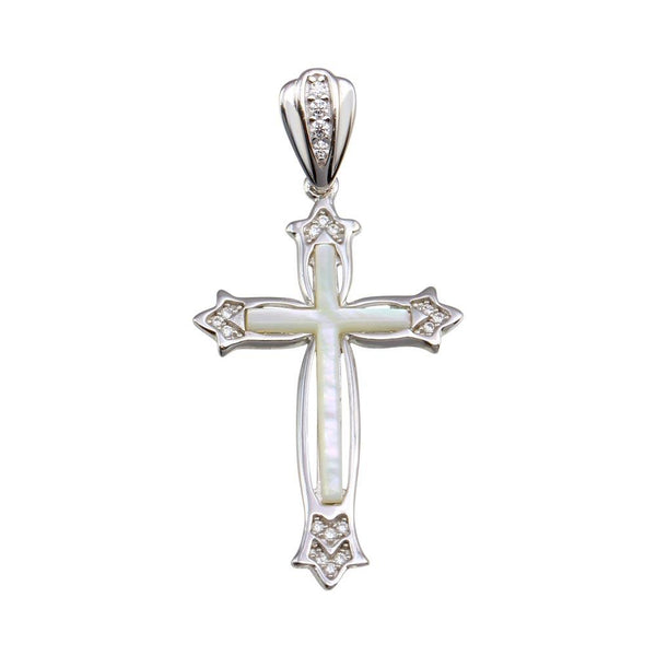 Silver 925 Rhodium Plated Mother of Pearl CZ Fleury Cross Pendant - GMP00025 | Silver Palace Inc.