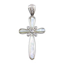 Silver 925 Rhodium Plated Mother of Pearl CZ Flower Center Cross Pendant - GMP00026 | Silver Palace Inc.