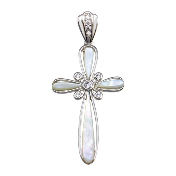 Silver 925 Rhodium Plated Mother of Pearl CZ Flower Center Cross Pendant - GMP00026 | Silver Palace Inc.