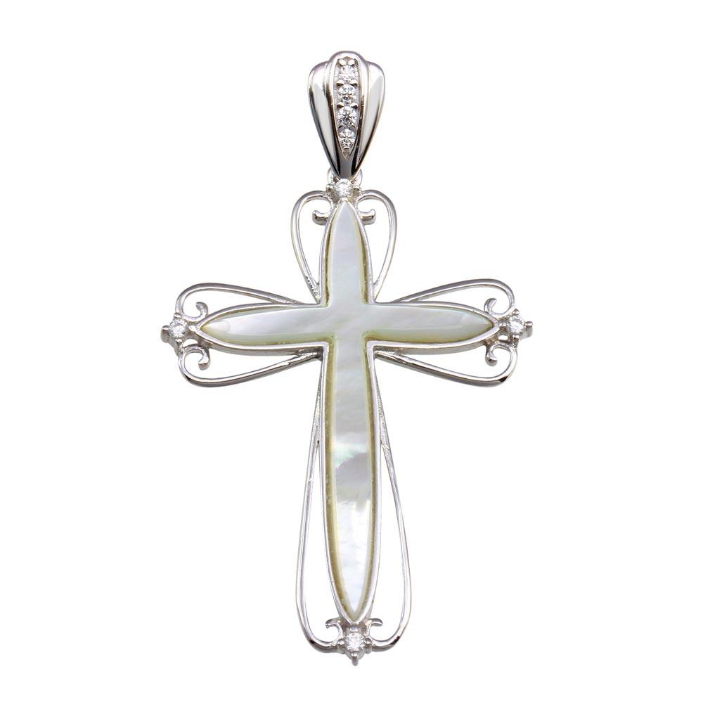 Rhodium Plated 925 Sterling Silver Mother of Pearl CZ Cross