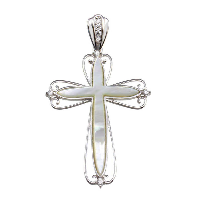 Silver 925 Rhodium Plated Mother of Pearl CZ Cross Pendant - GMP00027 | Silver Palace Inc.
