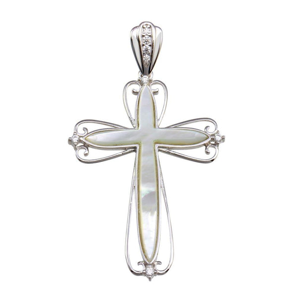 Rhodium Plated 925 Sterling Silver Mother of Pearl CZ Cross
