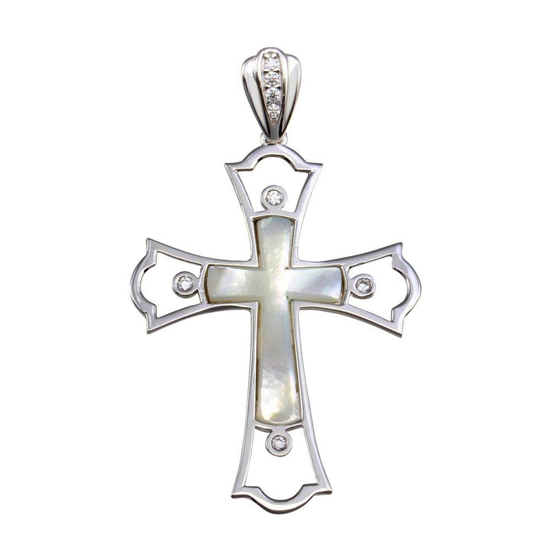 Silver 925 Rhodium Plated Mother of Pearl CZ Cross Pendant - GMP00029 | Silver Palace Inc.