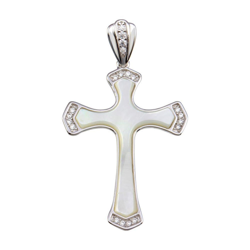 Silver 925 Rhodium Plated Mother of Pearl CZ Corner Cross Pendant - GMP00030 | Silver Palace Inc.