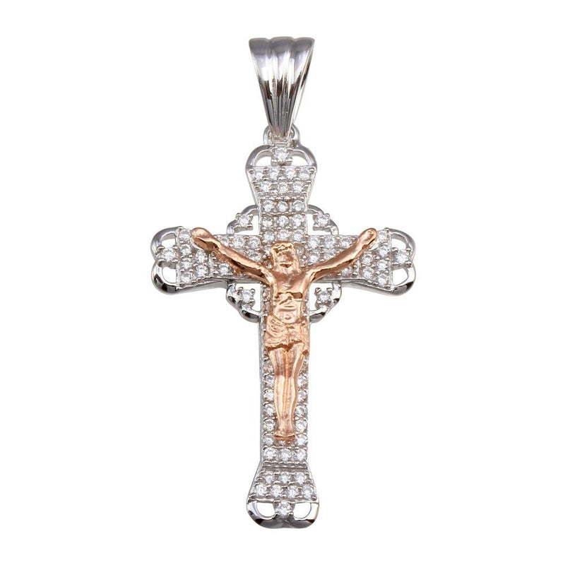 Silver 925 2 Toned Plated Heart Center CZ Cross Pendant - GMP00053RHR | Silver Palace Inc.
