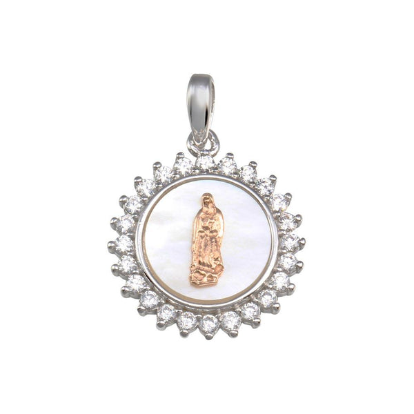 Silver 925 Rhodium Plated Synthetic MOP Two-Toned Virgin Mary Medallion Pendant - GMP00056RHR | Silver Palace Inc.