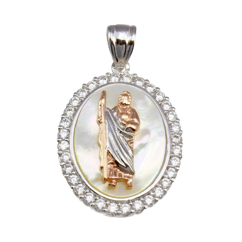 Silver 925 Synthetic Mother of Pearl Two-Toned St. Jude Oval Medallion Pendant - GMP00060RHR | Silver Palace Inc.