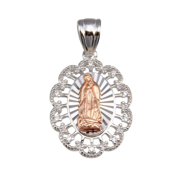 Silver 925 2 Toned Plated Lady of Guadalupe Flower CZ Pendant - GMP00065RHR | Silver Palace Inc.