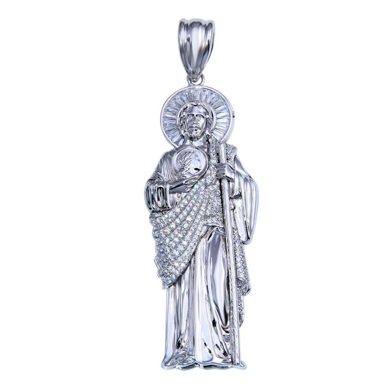 Rhodium Plated 925 Sterling Silver Clear CZ St Jude Pendant 70mm - GMP00085 | Silver Palace Inc.