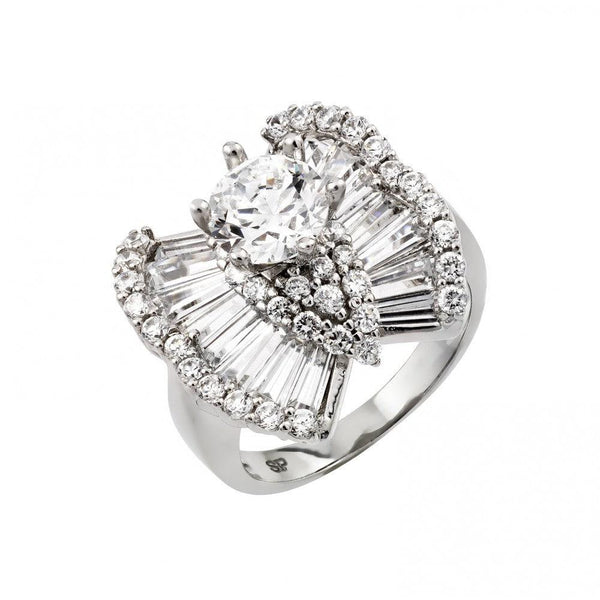 Silver 925 Rhodium Plated Clear Baguette Round Pave Set CZ Butterfly Ring - GMR00005 | Silver Palace Inc.