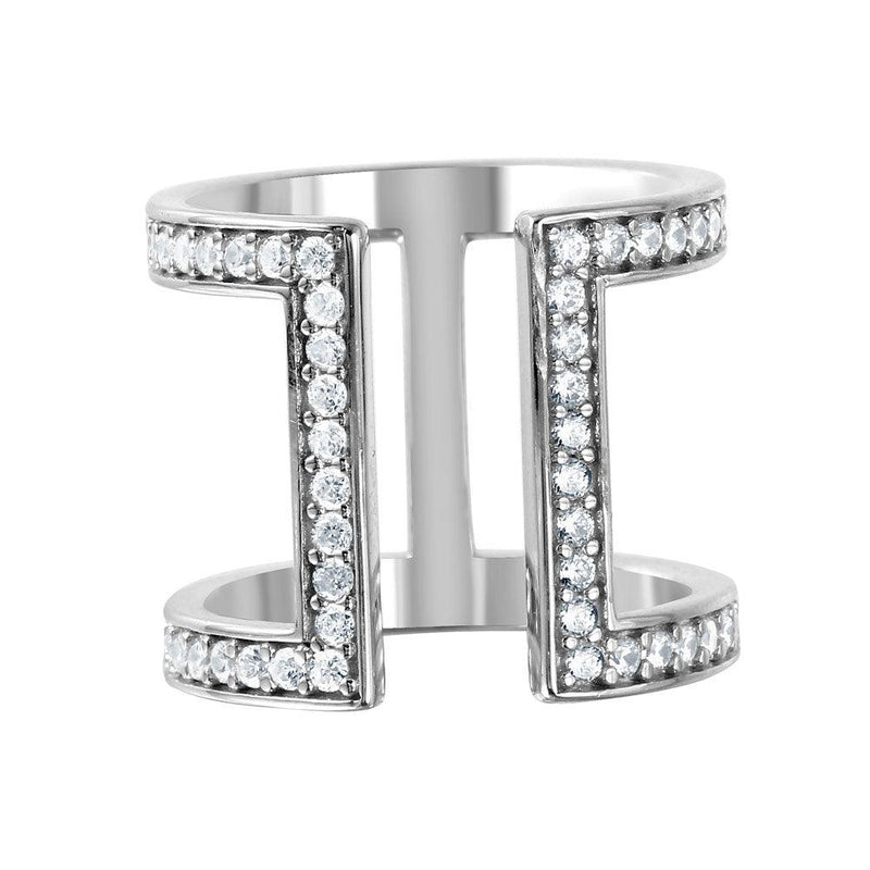 Silver 925 Rhodium Plated CZ Double Bar Ring - GMR00043
