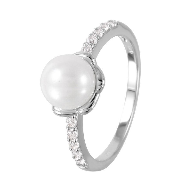 Silver 925 Rhodium Plated Faux Pearl CZ Accent Ring - GMR00056 | Silver Palace Inc.