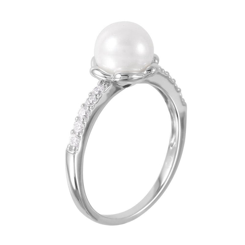 Silver 925 Rhodium Plated Faux Pearl CZ Accent Ring - GMR00056