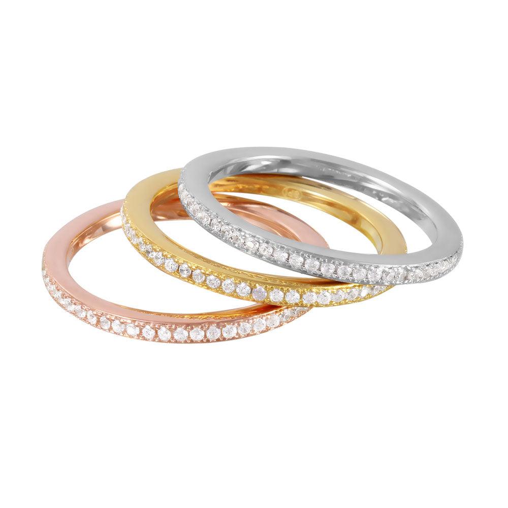 Silver 925 Rhodium Plated Tri-Color Stackable CZ Inlay Ring - GMR00060TRI