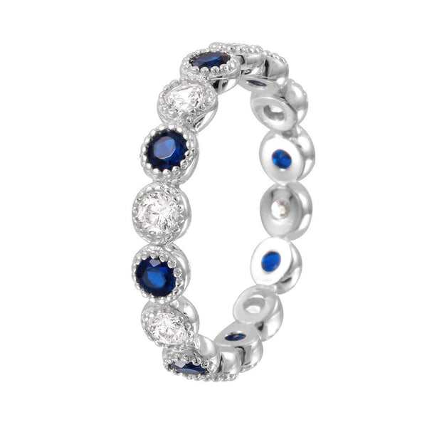 Silver 925 Rhodium Plated Round Eternity Stackable Blue CZ Ring - GMR00064S | Silver Palace Inc.