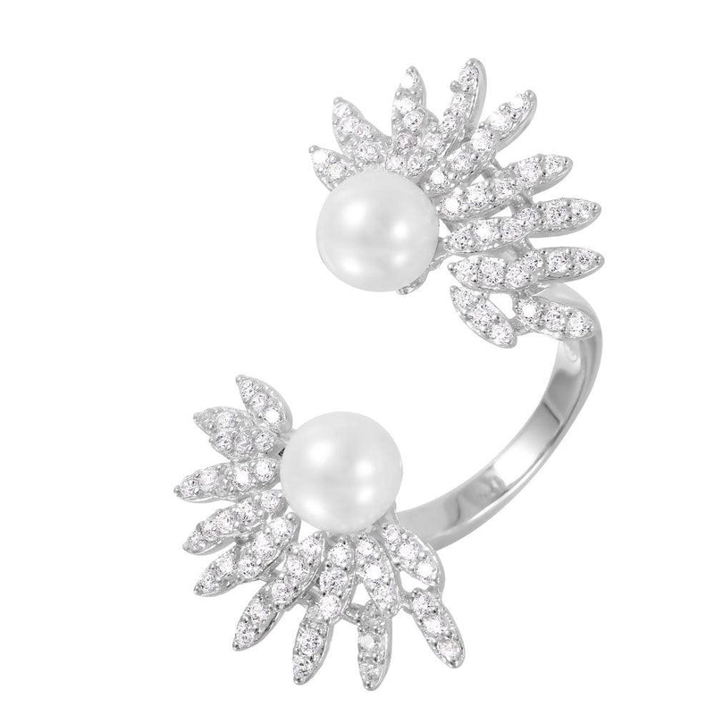 Silver 925 Rhodium Plated Synthetic Pearl Burst Open CZ Ring - GMR00067 | Silver Palace Inc.