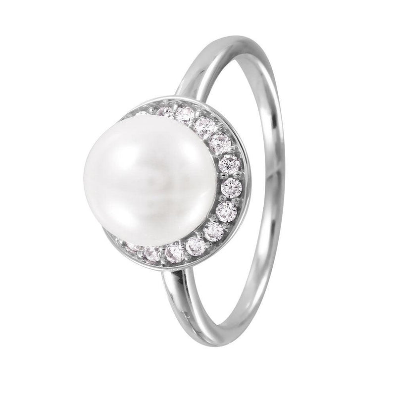 Silver 925 Rhodium Plated Round Band with Synthetic Pearl CZ Halo Ring - GMR00073 | Silver Palace Inc.