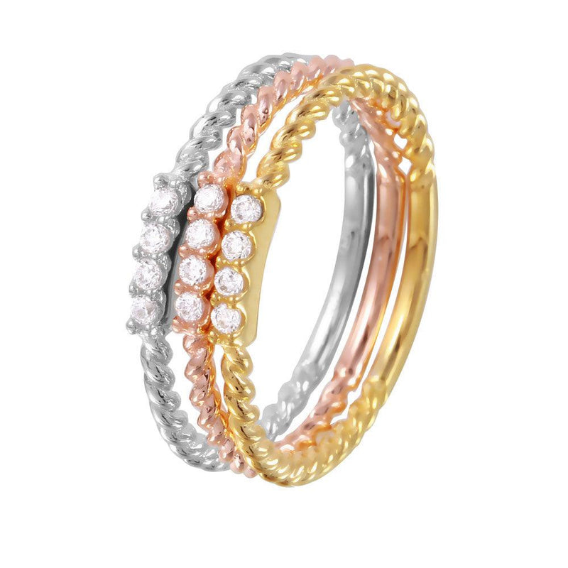 Silver 925 Rhodium Plated Tri-Color Textured Stackable  CZ Inlay Ring - GMR00079TRI | Silver Palace Inc.
