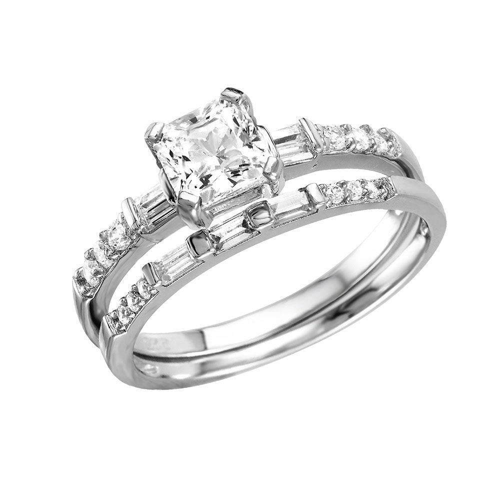 Silver 925 Rhodium Plated Square Center Baguette CZ Stones Ring - GMR00086 | Silver Palace Inc.