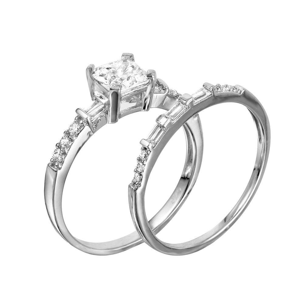 Anillo de piedras CZ de baguette central cuadrado chapado en rodio de plata 925 - GMR00086