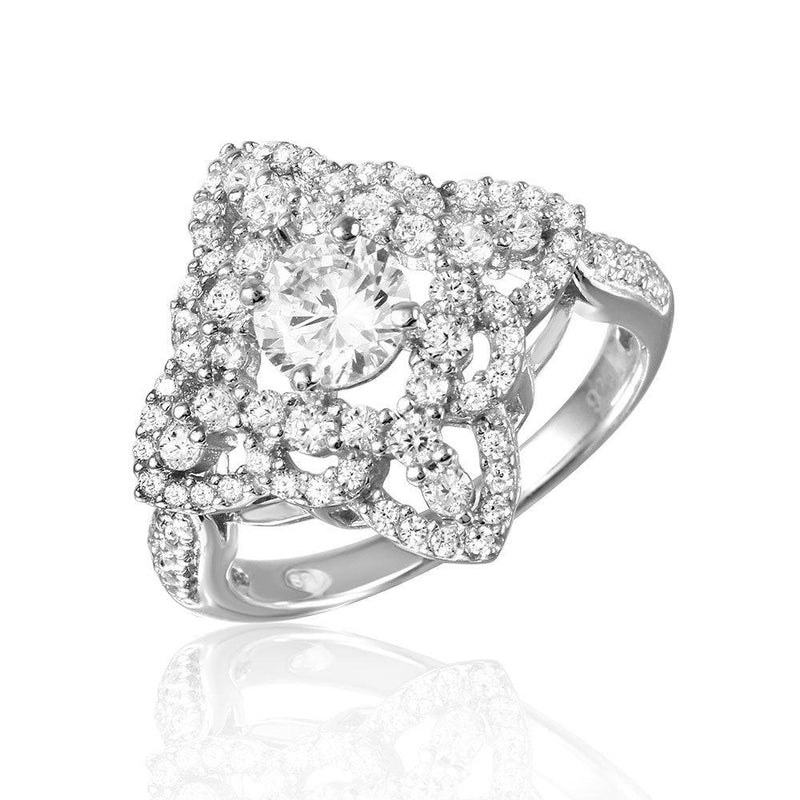 Silver 925 Rhodium Plated Diamond Shape Design Ring Encrusted with CZ Stones - GMR00087 | Silver Palace Inc.
