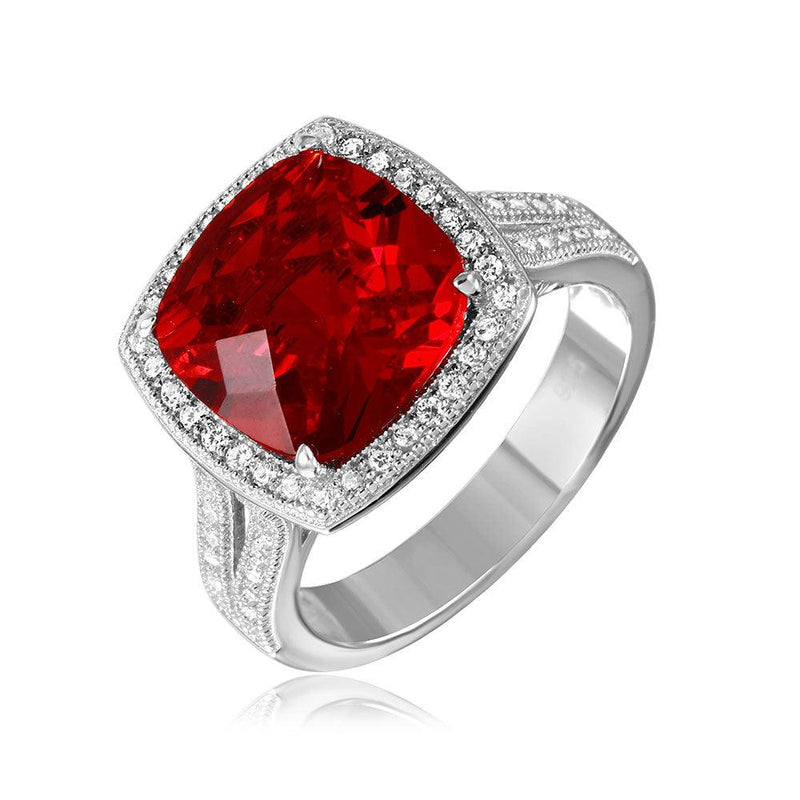 Silver 925 Rhodium Plated Square Halo Red CZ Ring with Micro Pave Stones - GMR00090R | Silver Palace Inc.