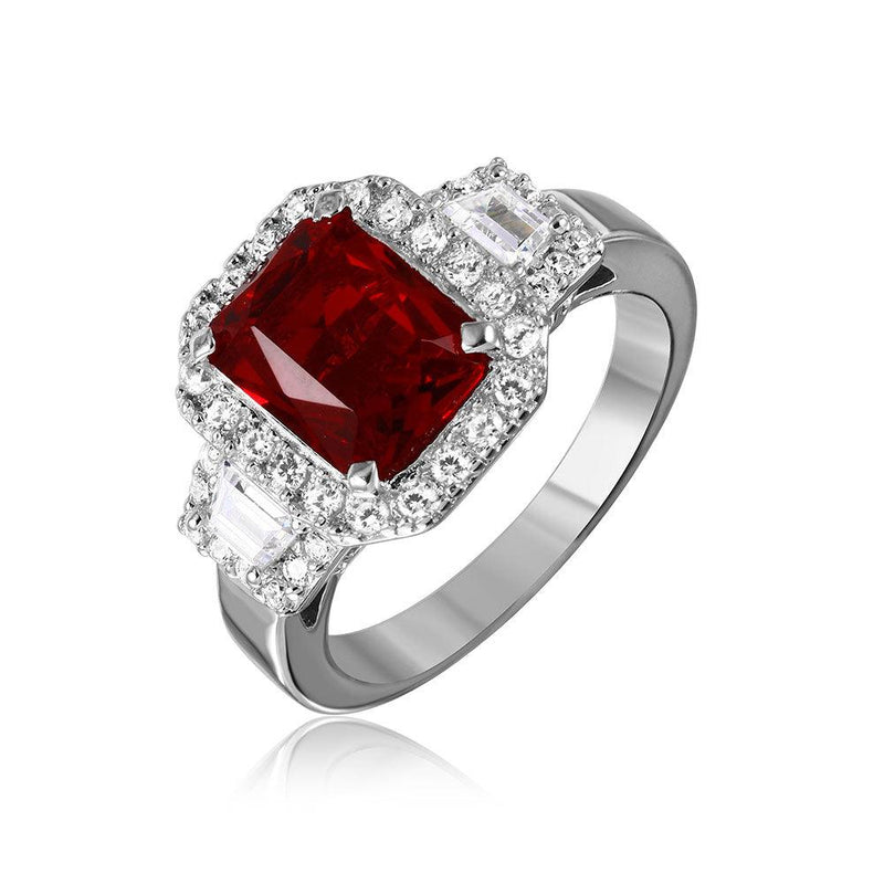 Silver 925 Rhodium Plated Red Emerald Cut Center CZ Stone Ring - GMR00101R | Silver Palace Inc.