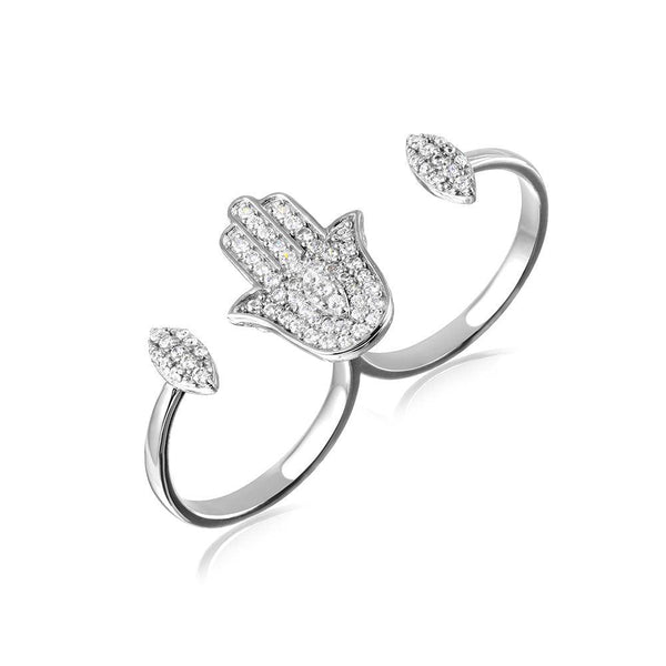 Silver 925 Rhodium Plated CZ Hamsa Hand Double Ring - GMR00102 | Silver Palace Inc.