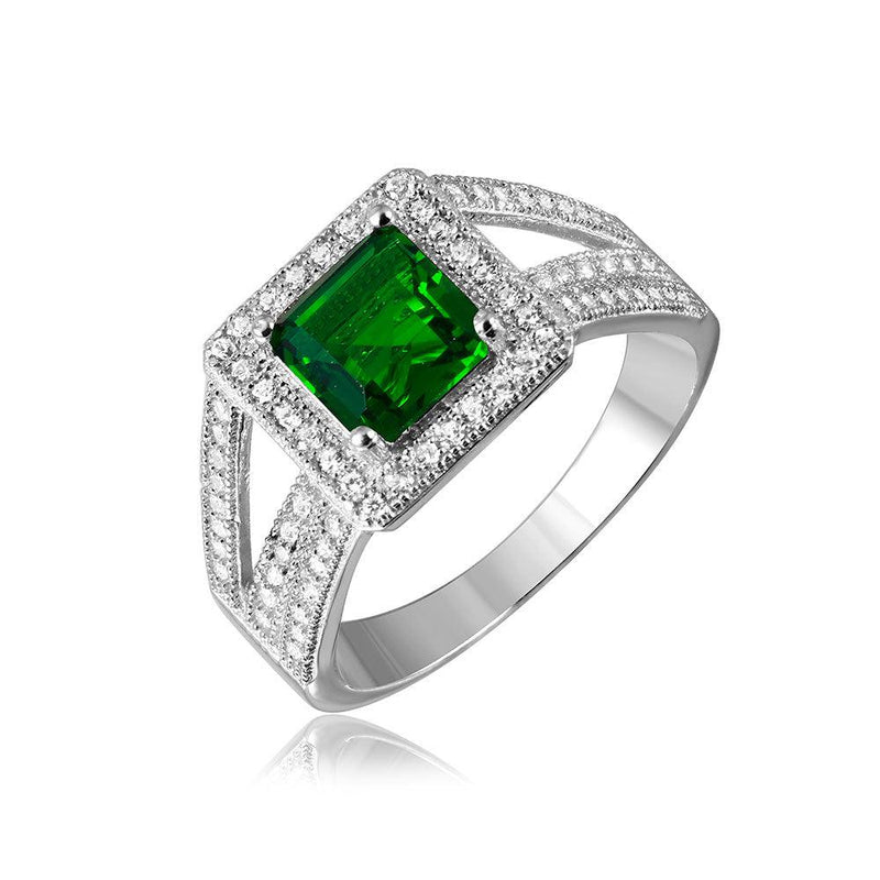 Silver 925 Rhodium Plated Green Square Halo with Micro Pave CZ Ring - GMR00103G | Silver Palace Inc.